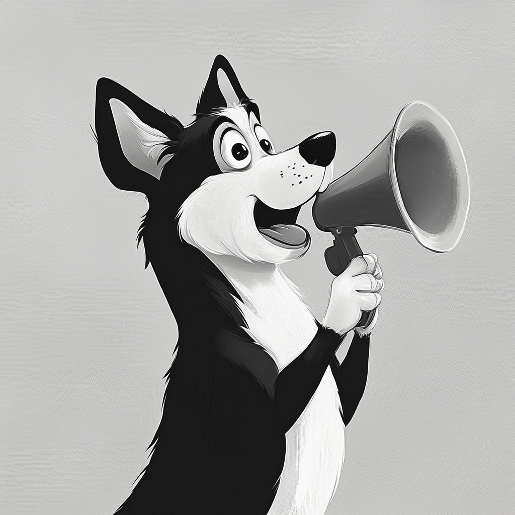 A dog giving motivational speech with megaphone