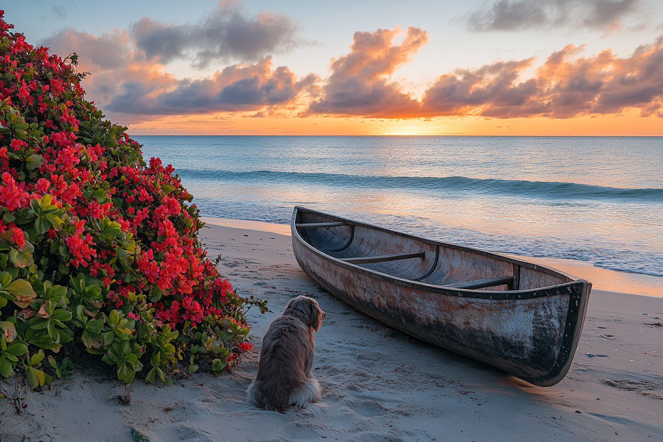 A dog on a beach at sunset