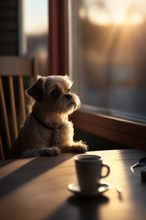 A dog sitting at a sunset table