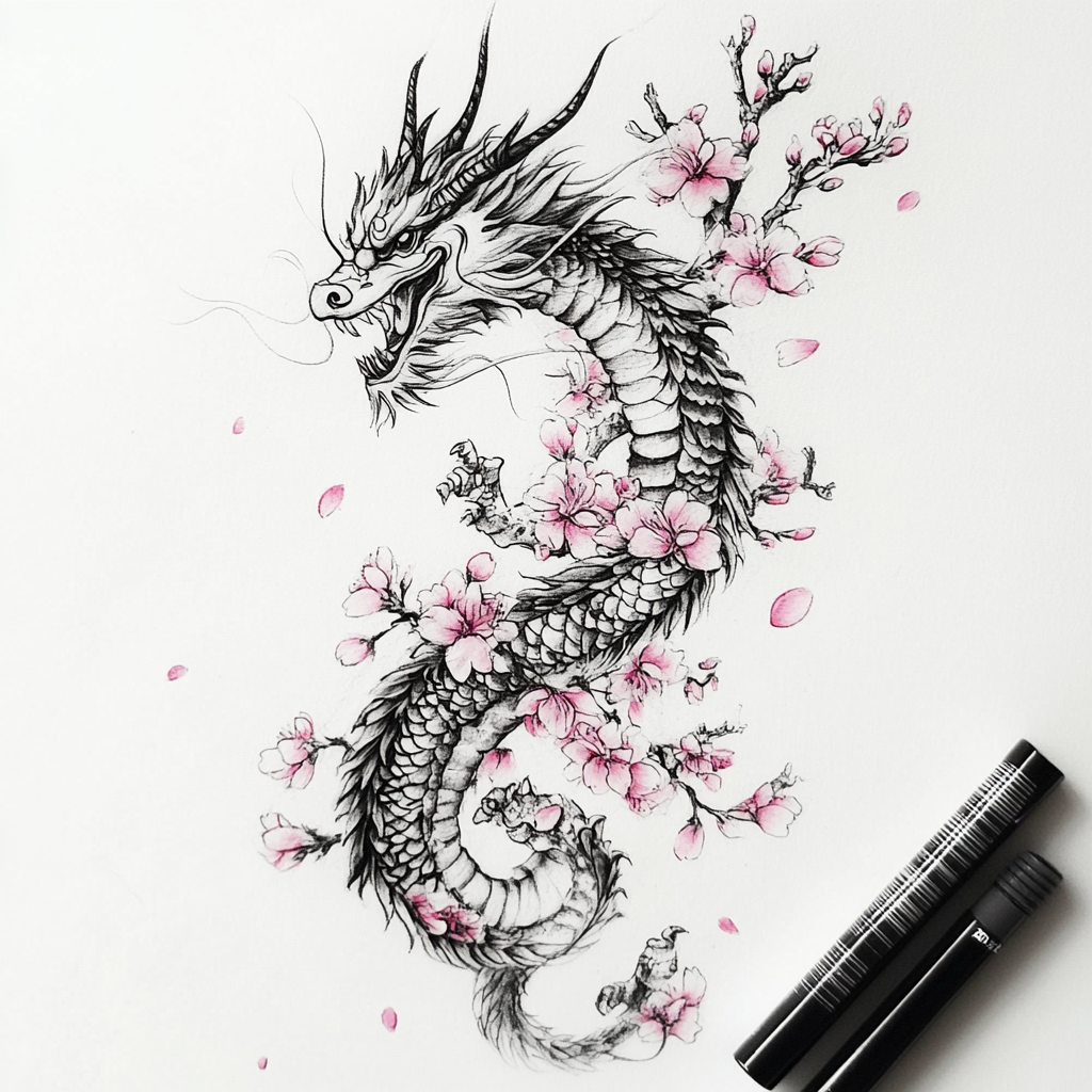 A dragon with sakura flowers on white background