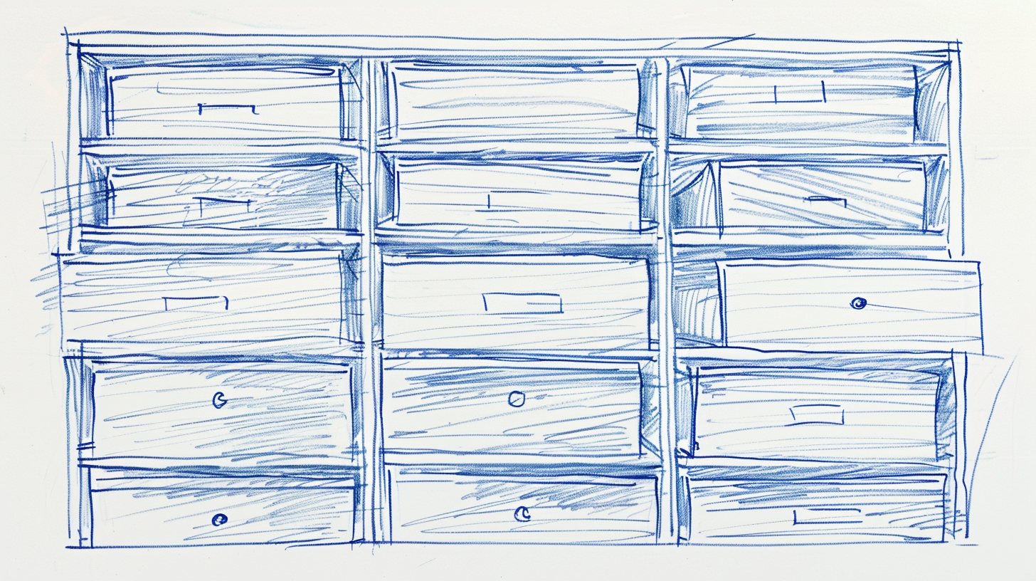 A drawing of a cabinet with many drawers.