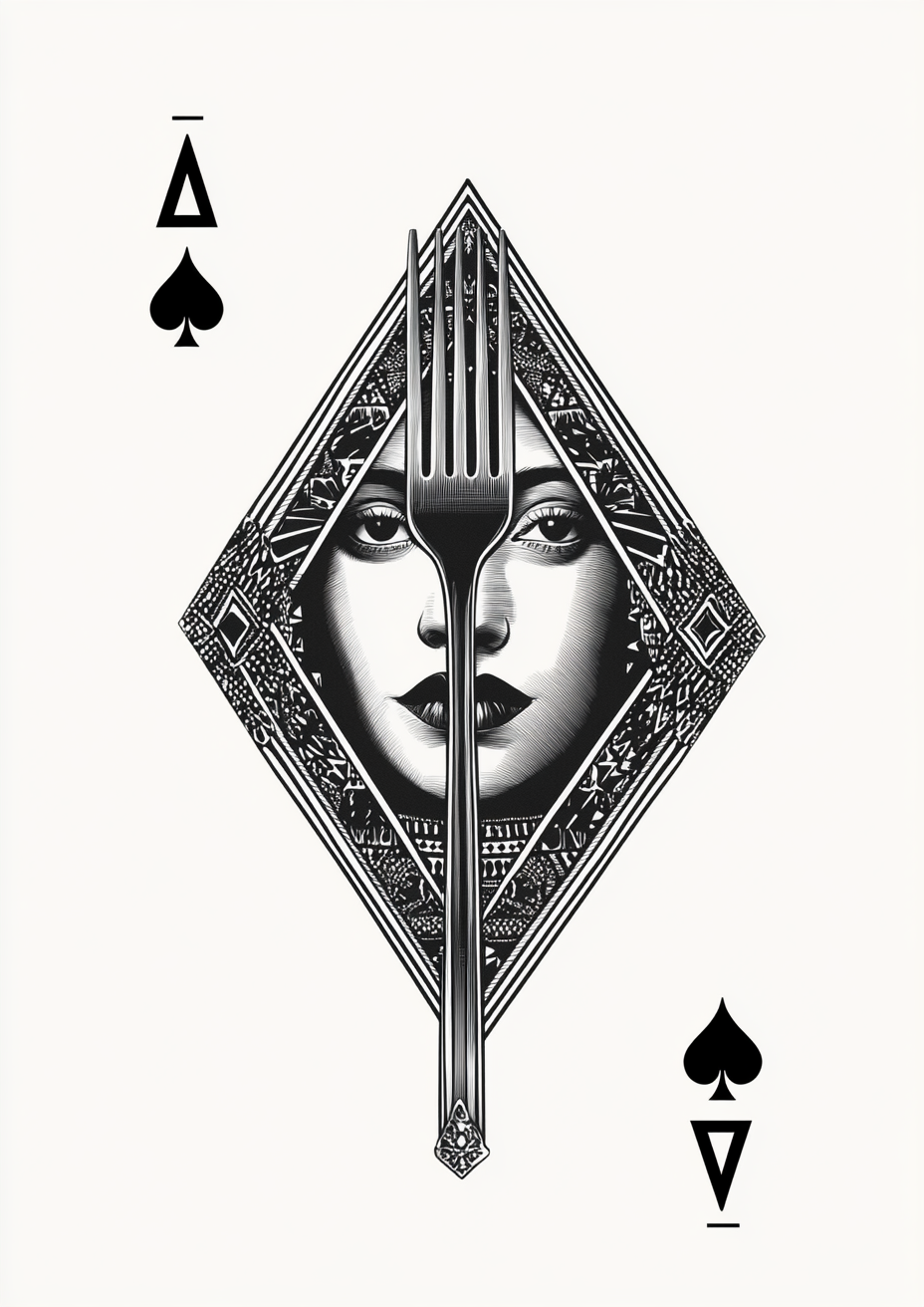 A drawing of a queen playing card with a fork.