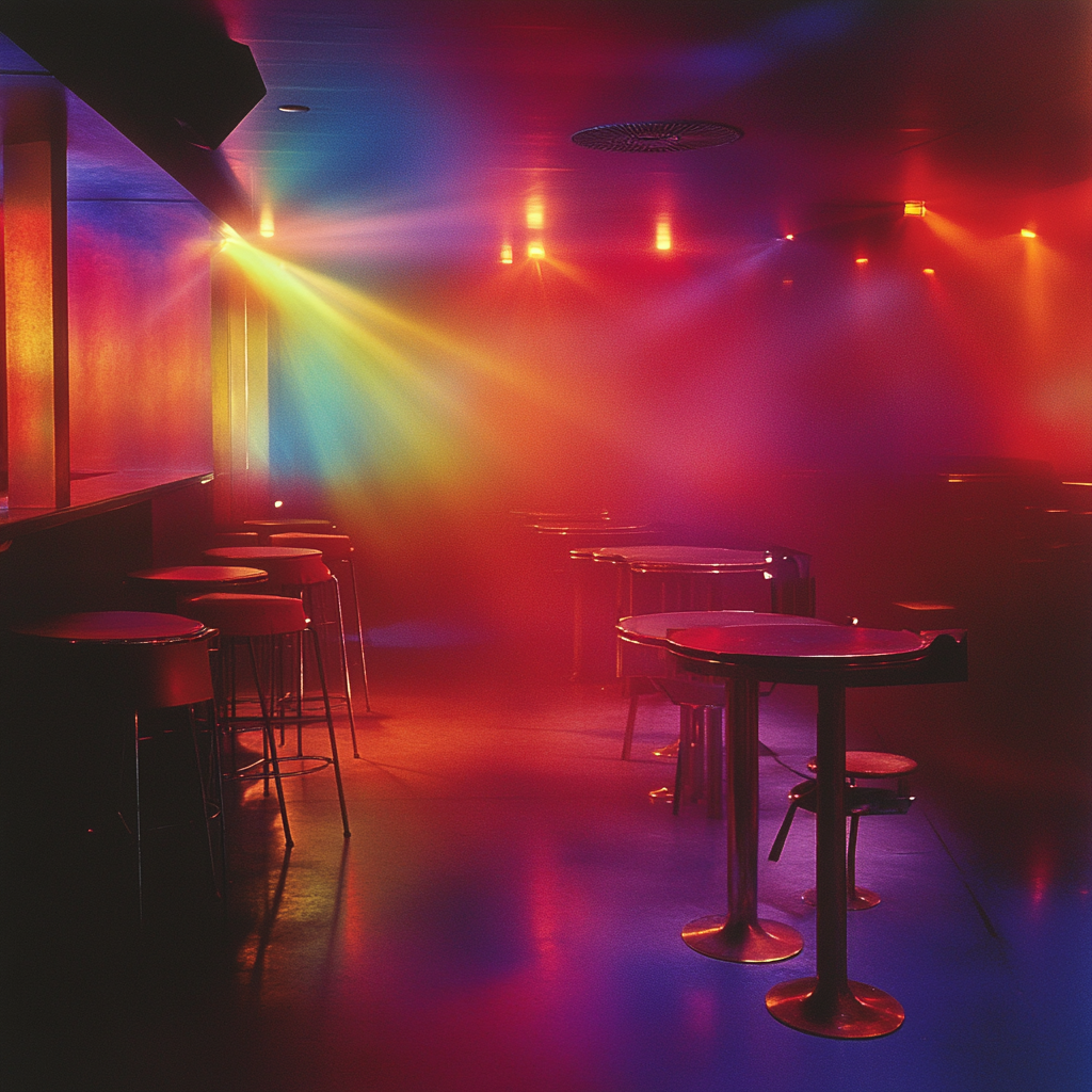 A dreamy, post-punk vibe with maximalist rainbow lighting.