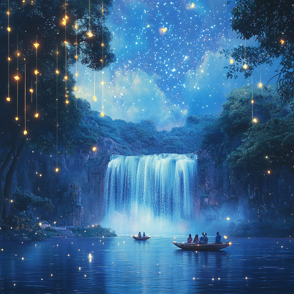 A dreamy waterfall scene with glowing trees and stars.