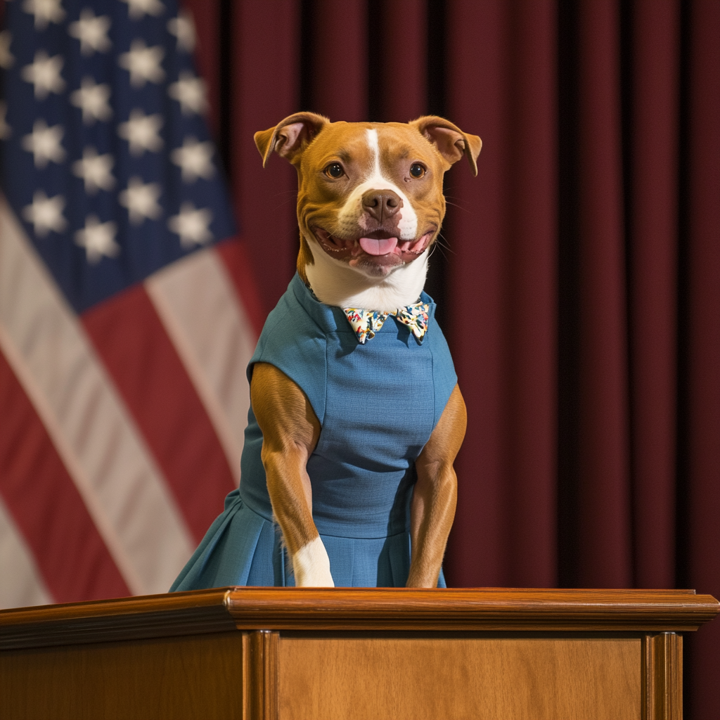 A dressed-up brown pitbull speaking at a podium.