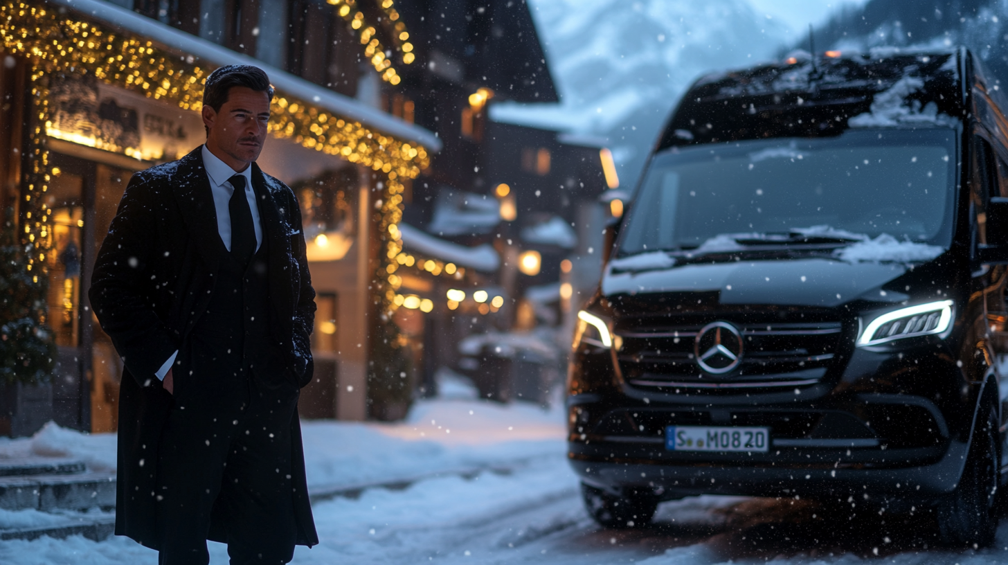 A driver in black suit waits by Mercedes van