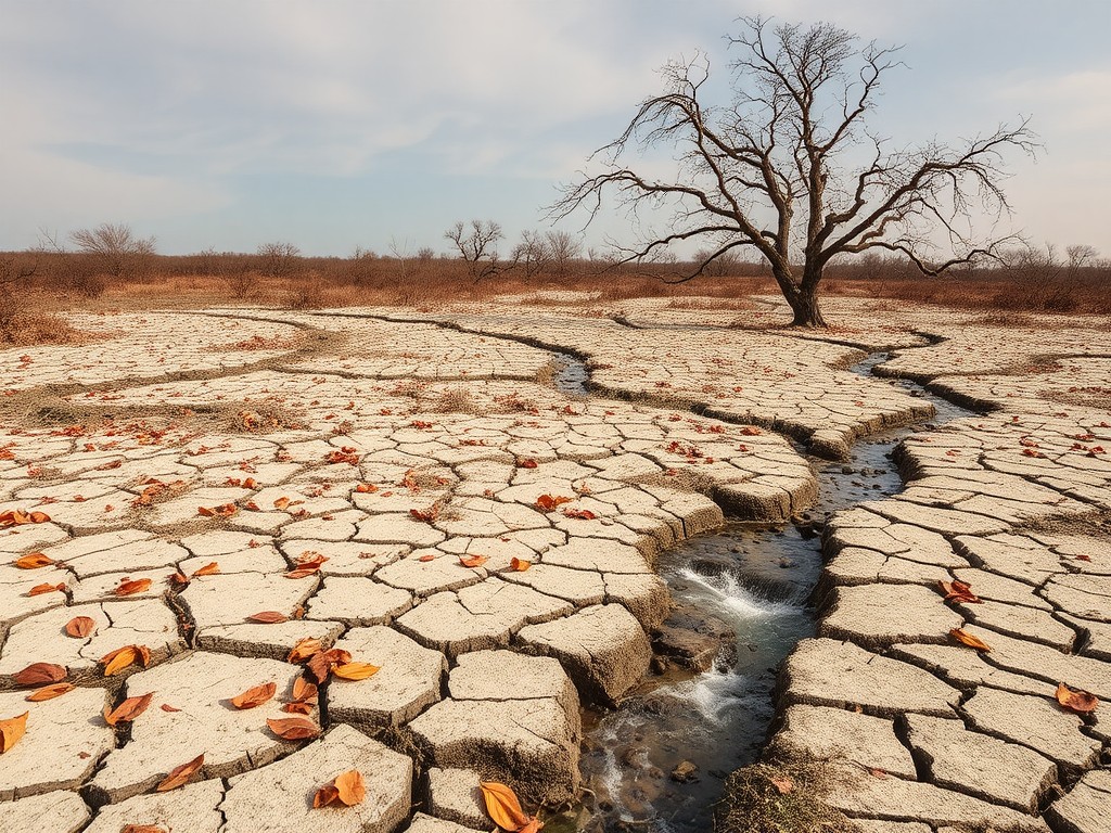 A dry land with leaves, tree, and stream.