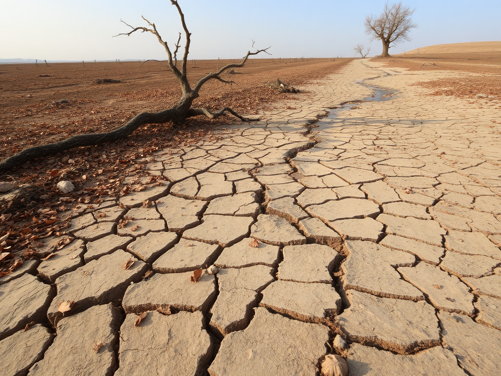 A dry land with leaves and dried tree.