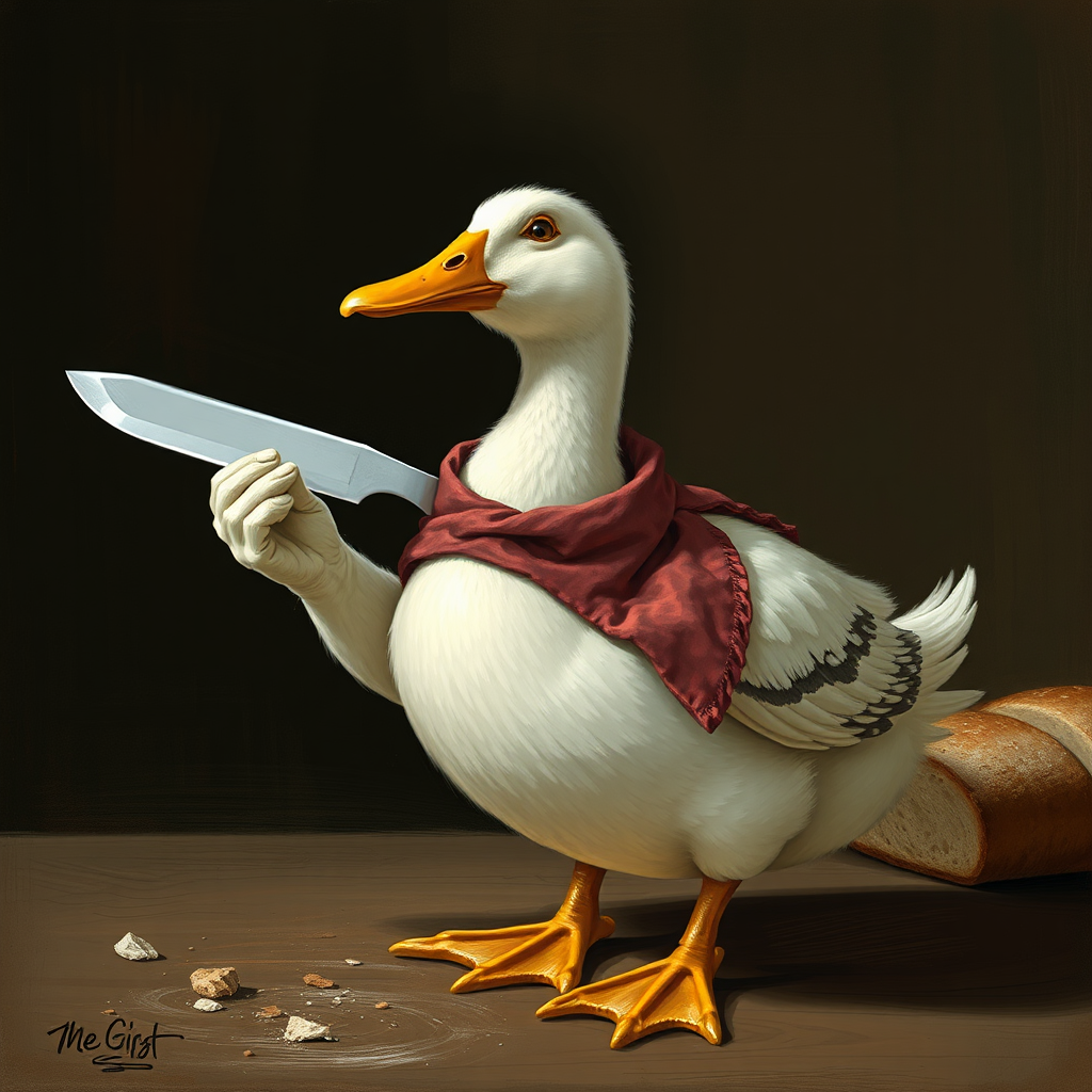 A duck with a knife requests bread.