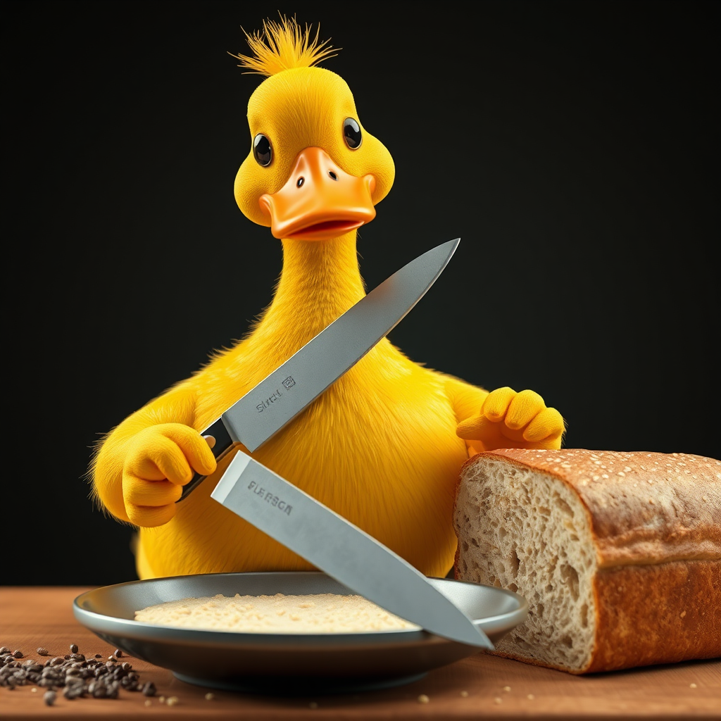 A duck with knife holding bread in kitchen.