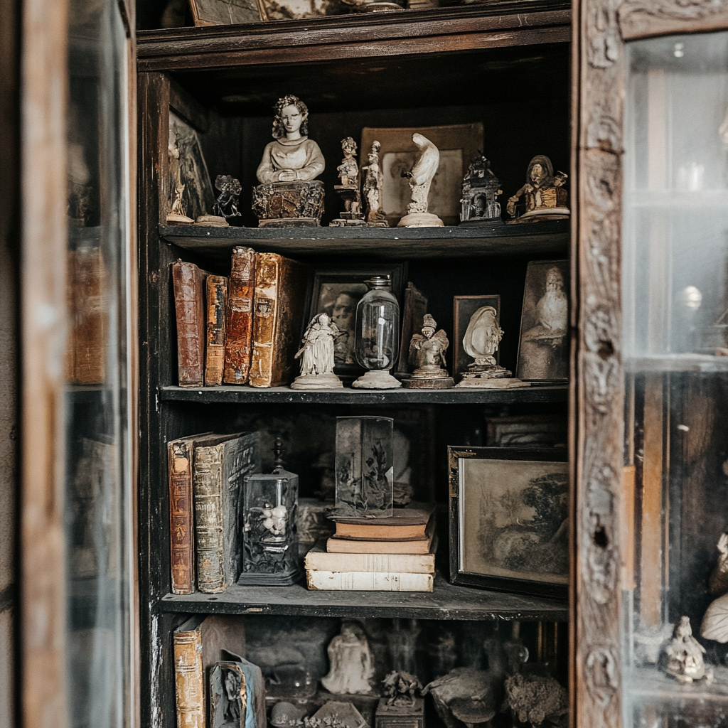 A dusty glass cabinet in the basement.