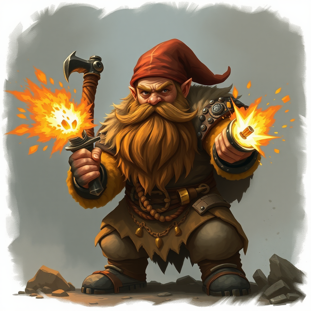 A dwarf fighter with a brown beard holding explosives.