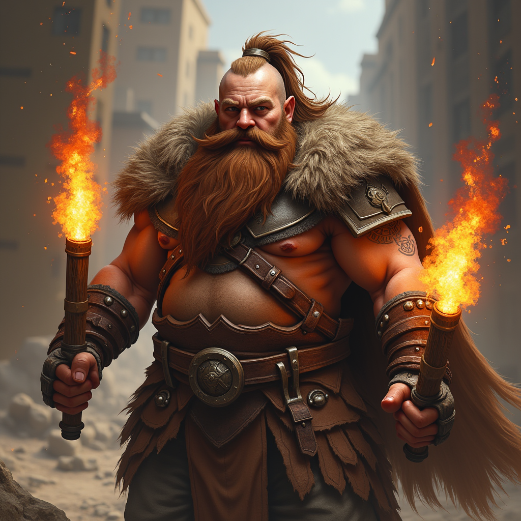 A dwarf fighter with brown beard holding explosives.