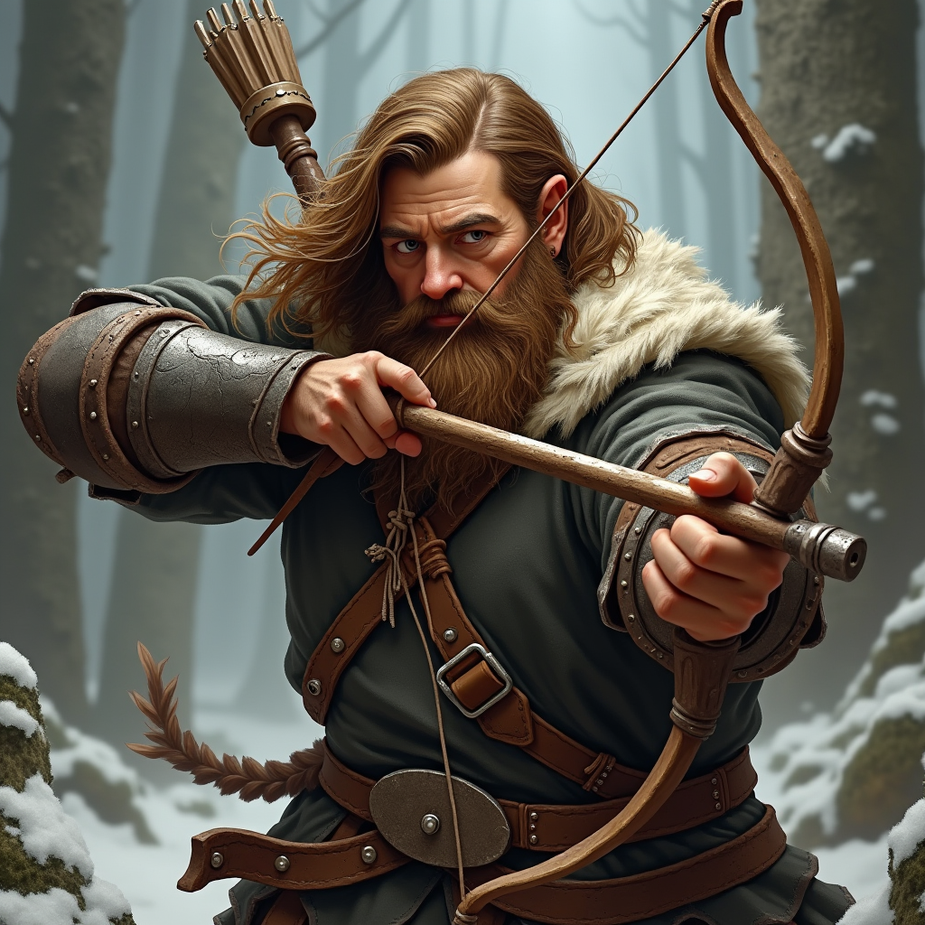 A dwarf fighter with brown hair fires crossbow.