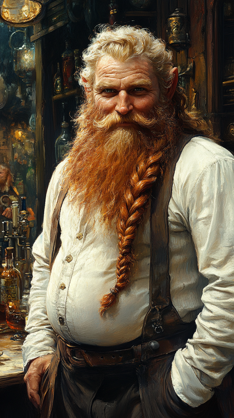 A dwarf tavern keeper with red beard and shirt.