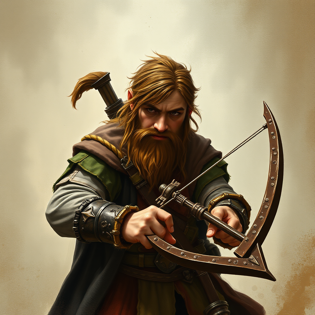 A dwarf with brown hair holds a crossbow.