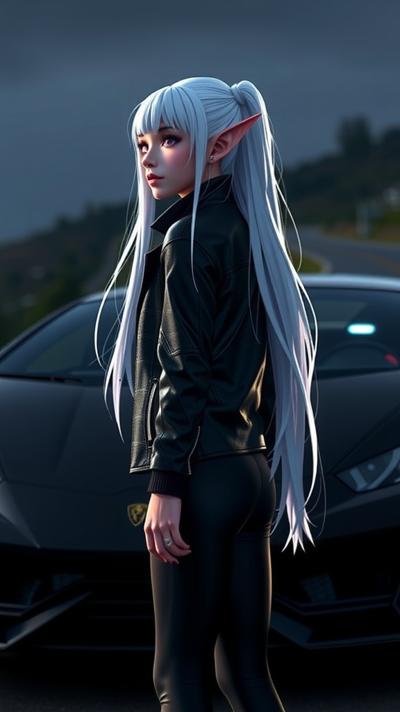 A elf girl with white hair near car.