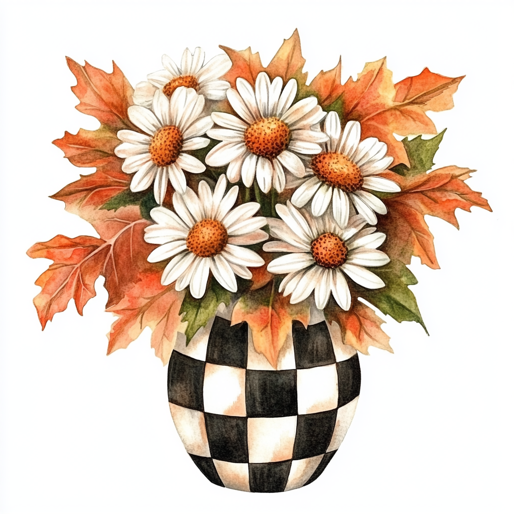 A fall bouquet of daisies in black and white.