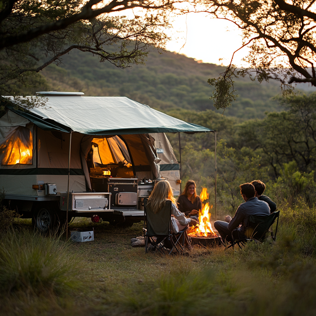 A family camping in decorated tent in bushveld