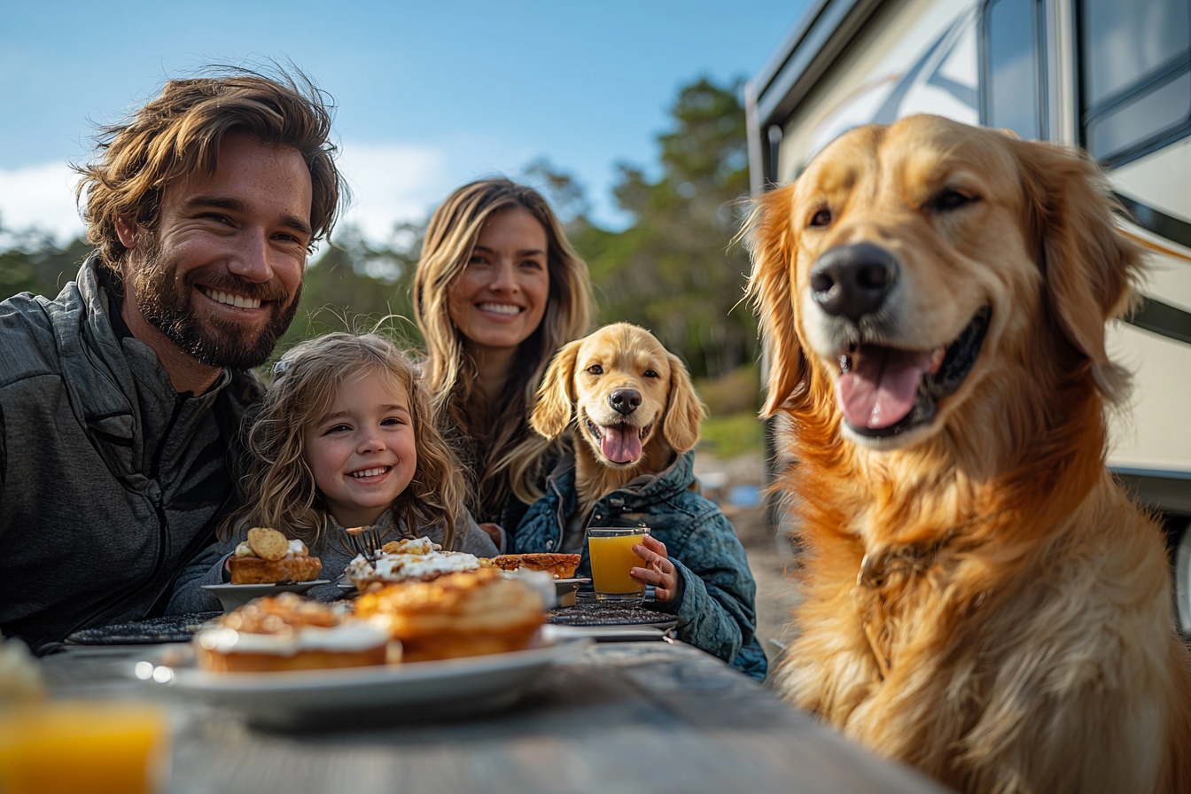 A family eating at breakfast near an RV