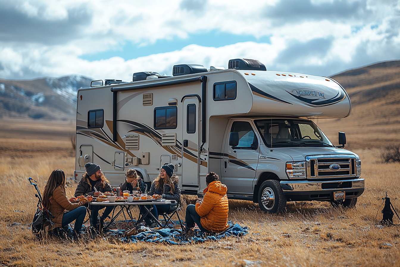 A family eating breakfast in front of RV.