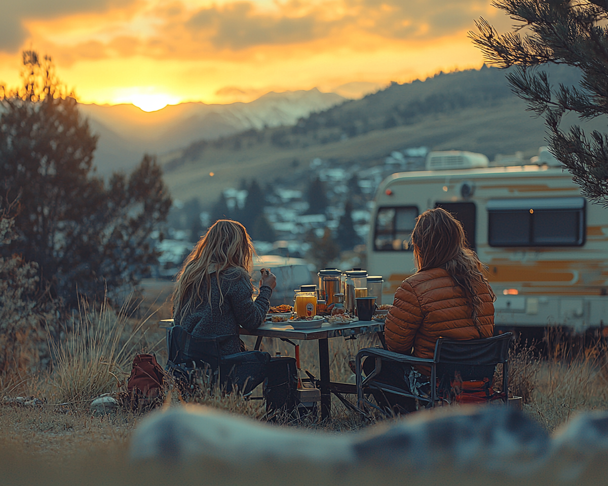 A family enjoying breakfast outside their RV.