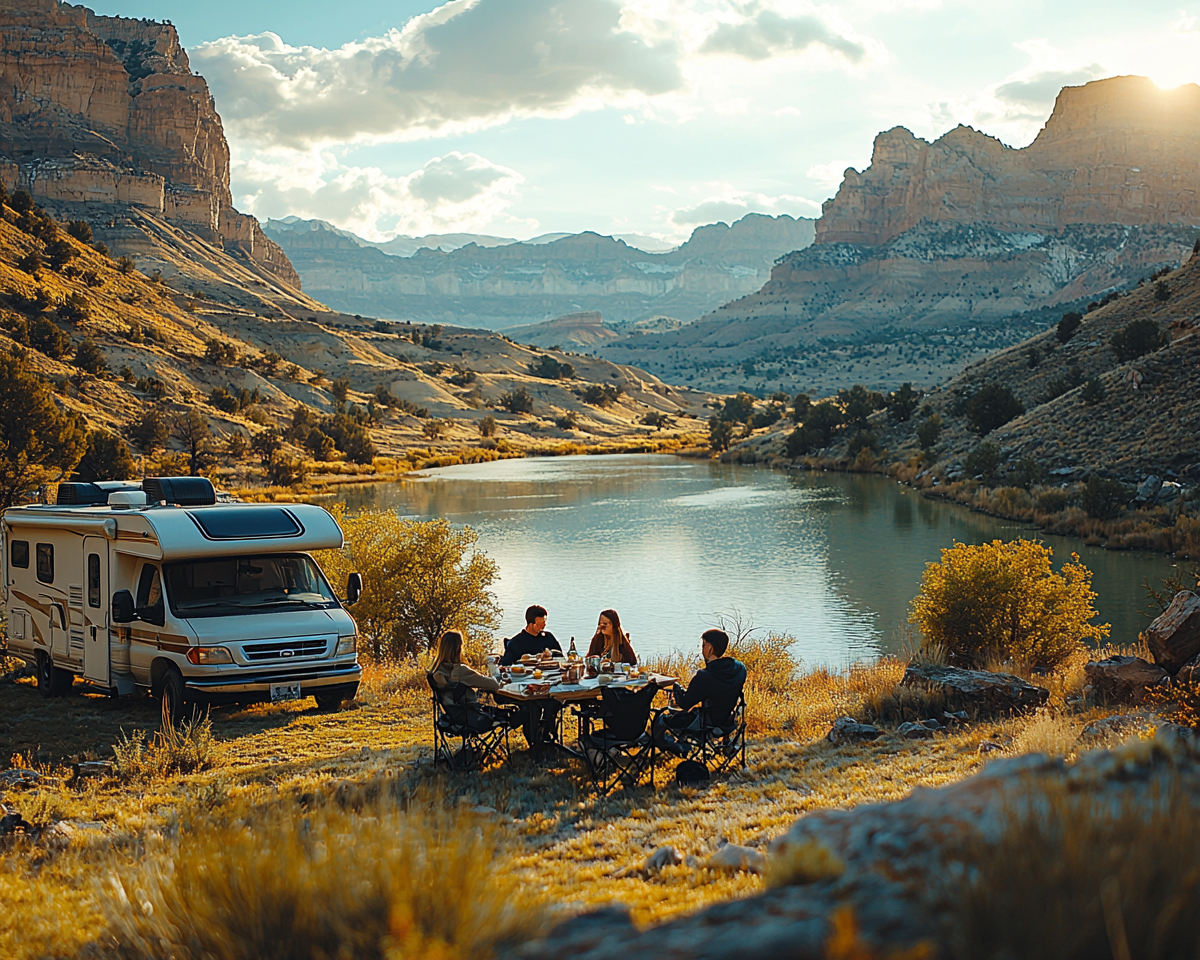 A family enjoys breakfast in front of RV.