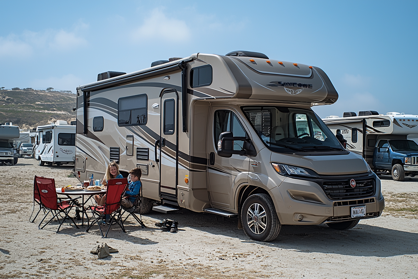 A family having breakfast in front of RV.