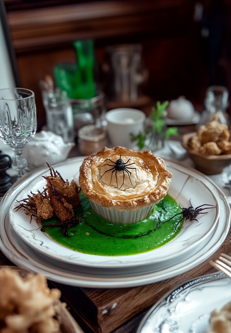 A fancy dinner table with spider pie.