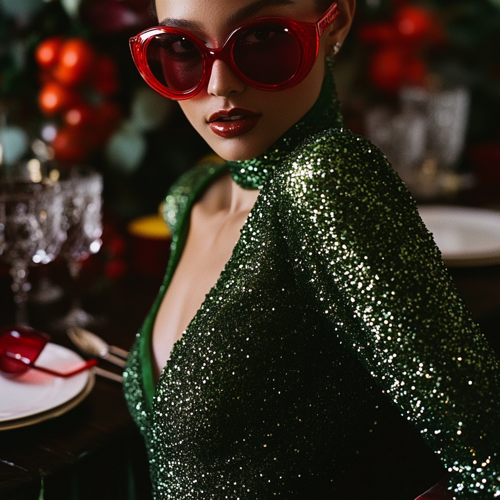 A fancy holiday table with colorful fabrics and accessories.