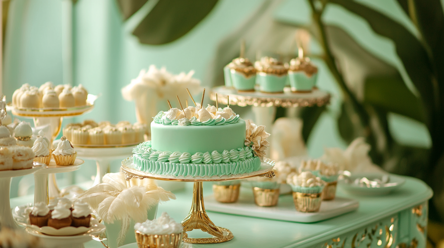 A fancy table with Tiffany green cakes and sweets.