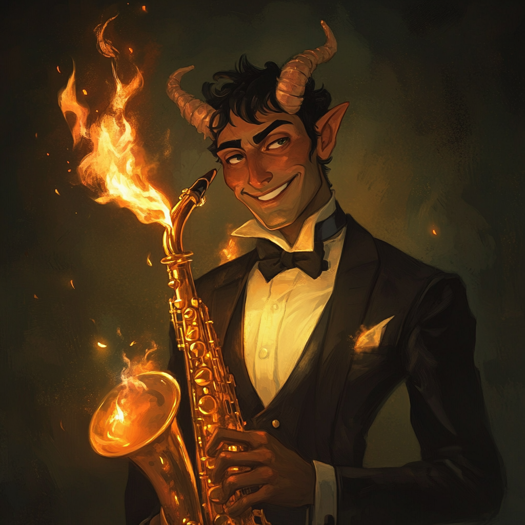 A fancy tiefling man with a flaming saxophone