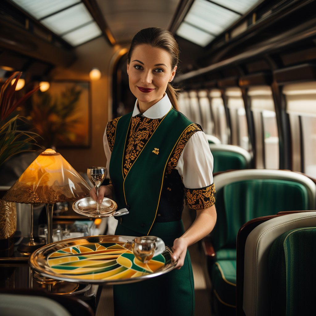 A fancy train with gold and green walls.