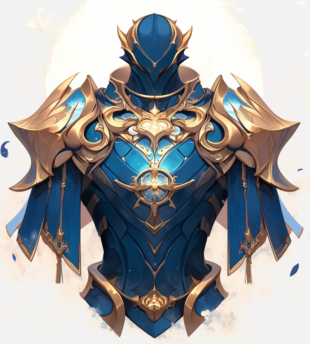 A fantasy chestplate with blue and gold, detailed digital art.