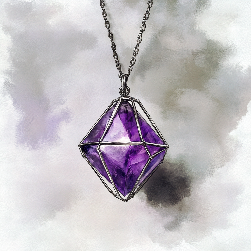 A fantasy game with purple gem necklace.