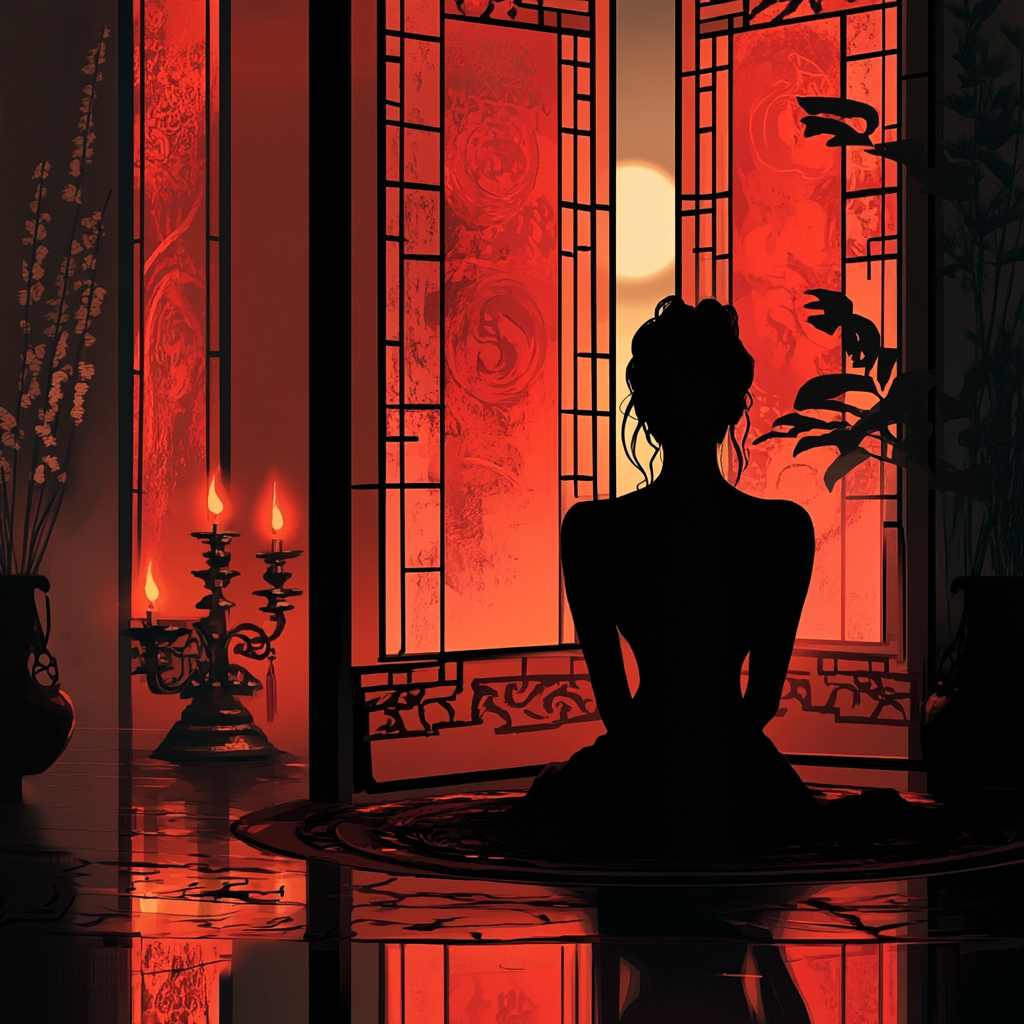 A fantasy illustration of an Asian woman in silhouette.