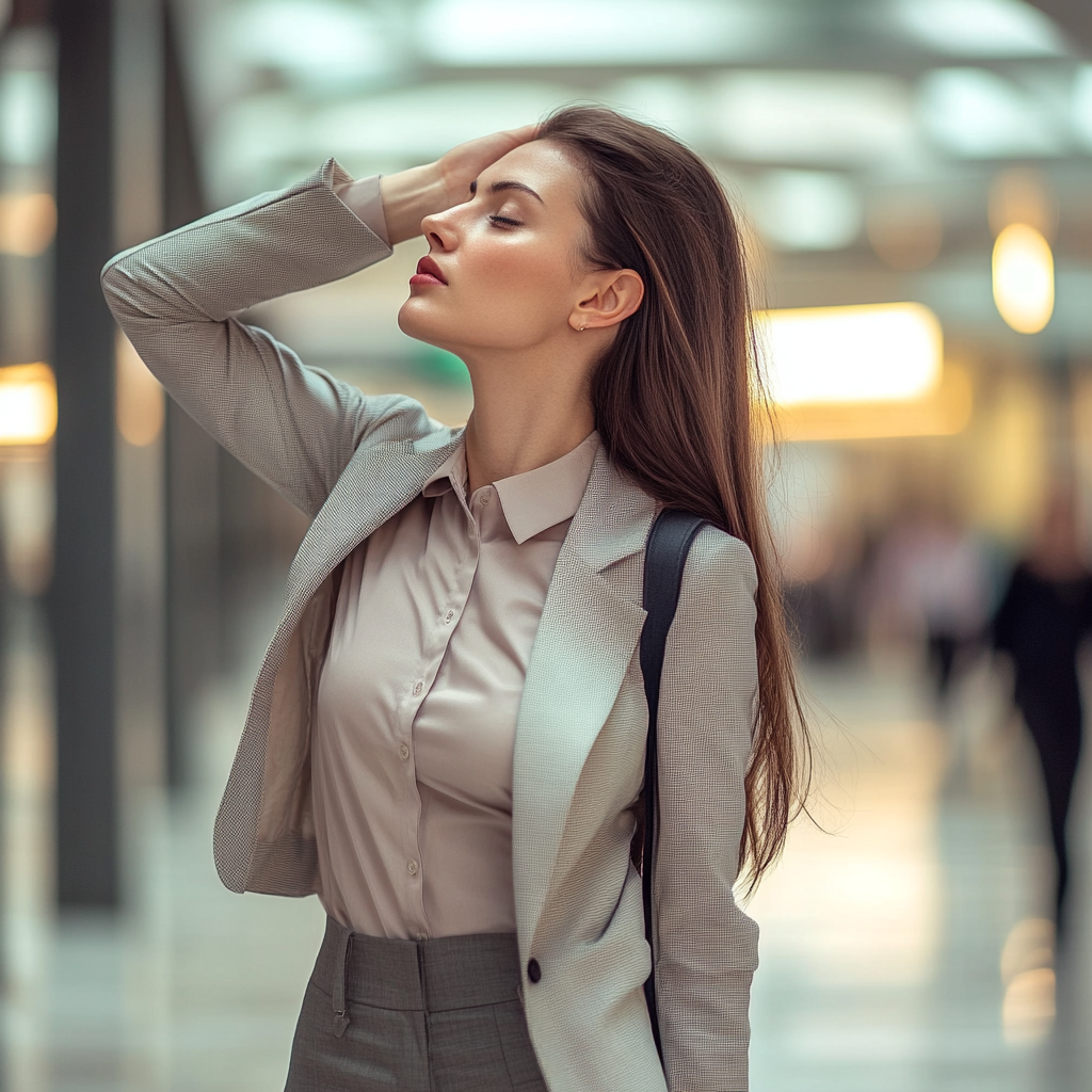 A fashionable woman rush to work, harming health.