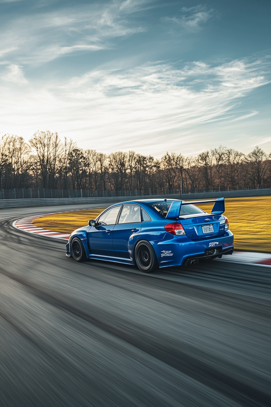 A fast Subaru racing on a racetrack.