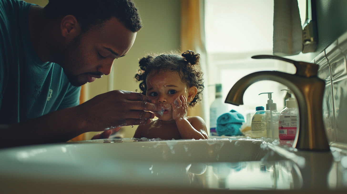 A father comforting his daughter in bathroom