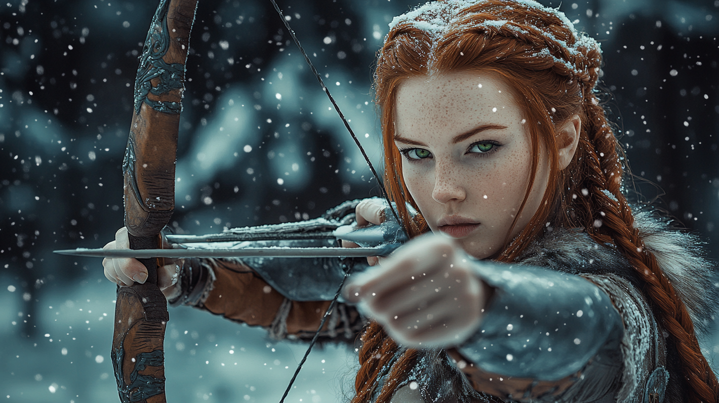 A female archer with red braids in snow