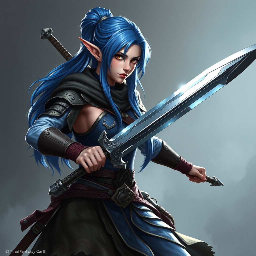 A female elf warrior wields a greatsword.