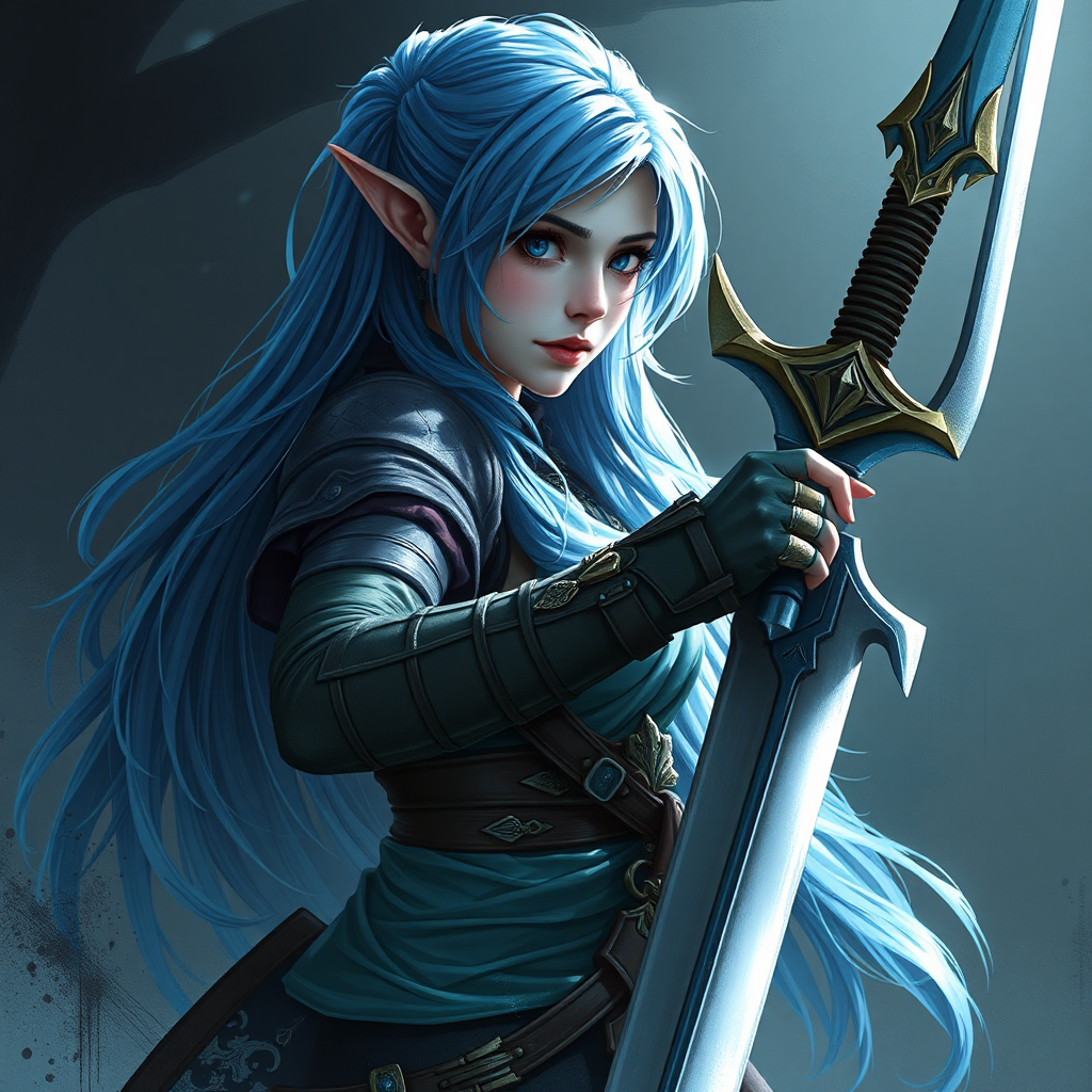 A female elf warrior with blue hair.