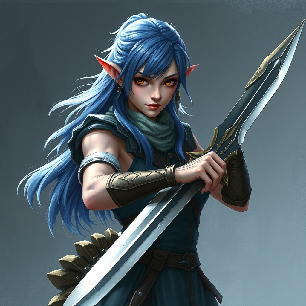 A female elf warrior with blue hair.