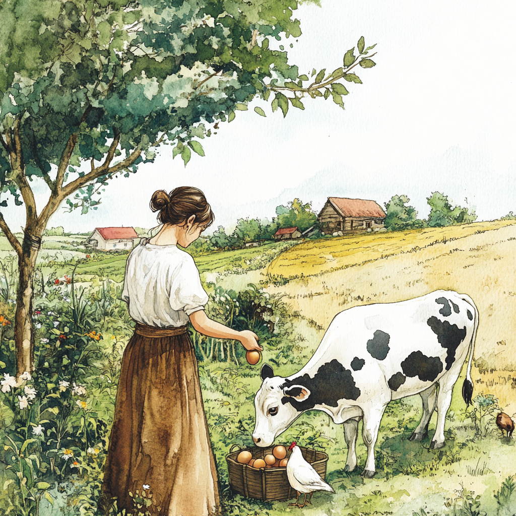 A female farmer milking cow and picking apple.