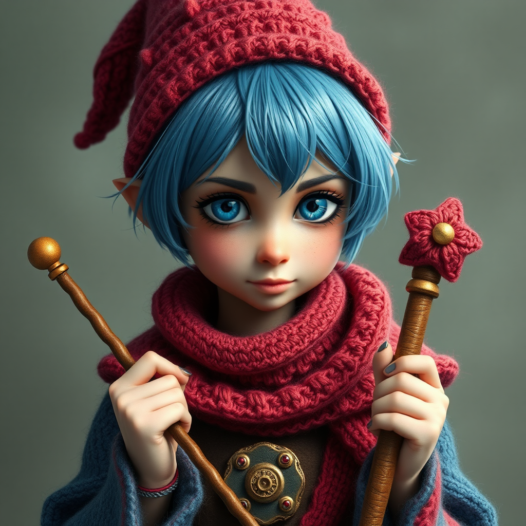 A female gnome wizard with short blue hair.