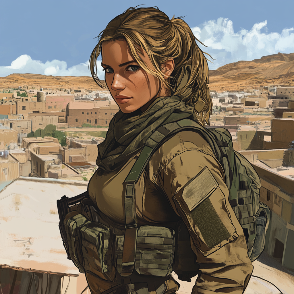 A female soldier in city landscape illustration.