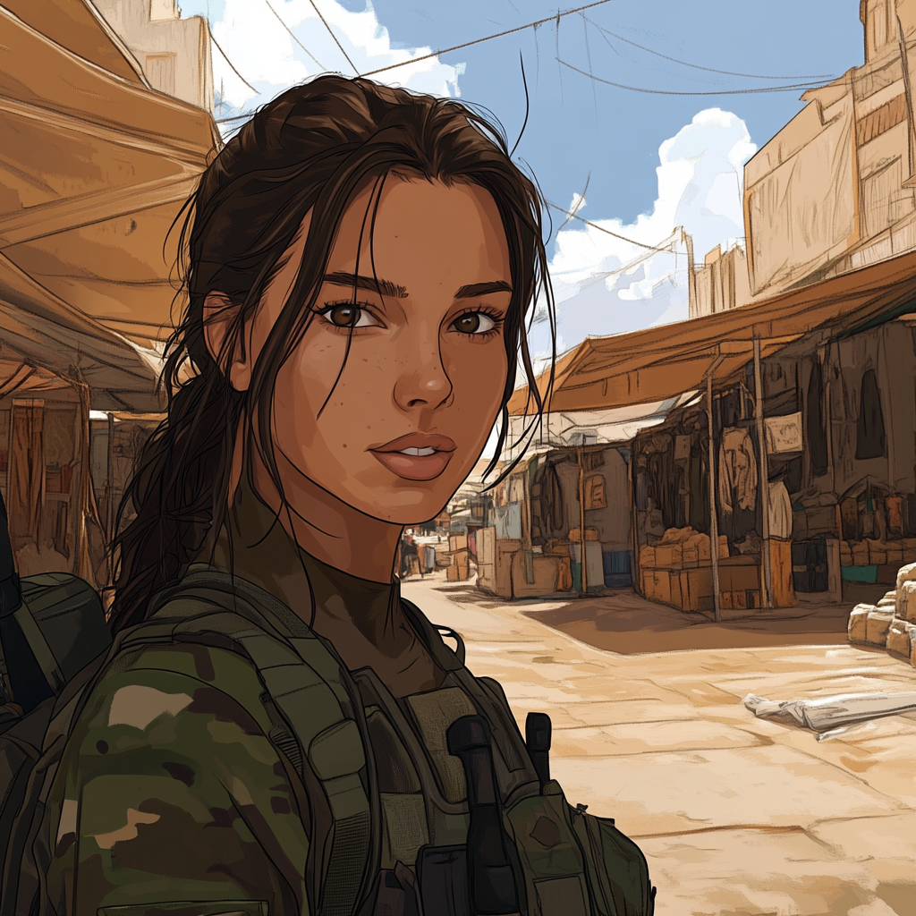 A female soldier in urban desert market place.