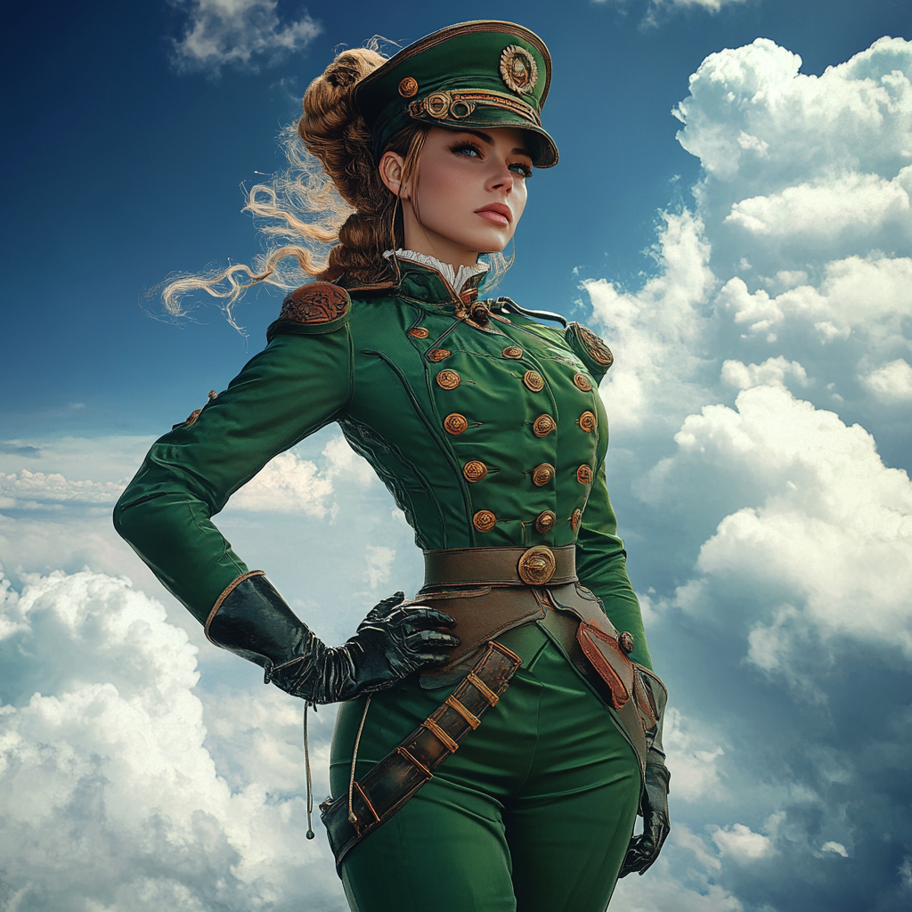 A female steampunk sailor in full green uniform