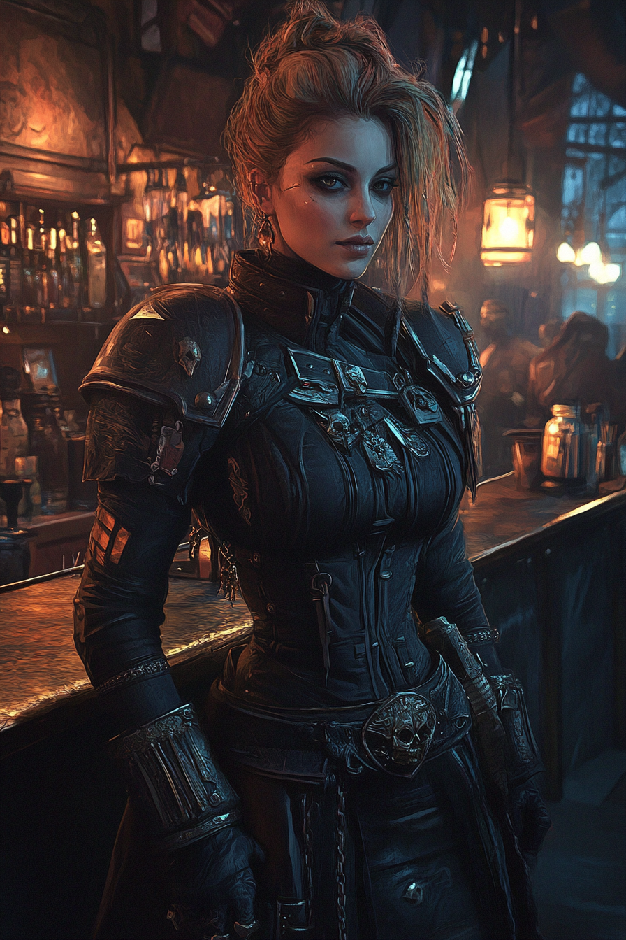 A female warhammer 40k citizen in grimdark outfit.