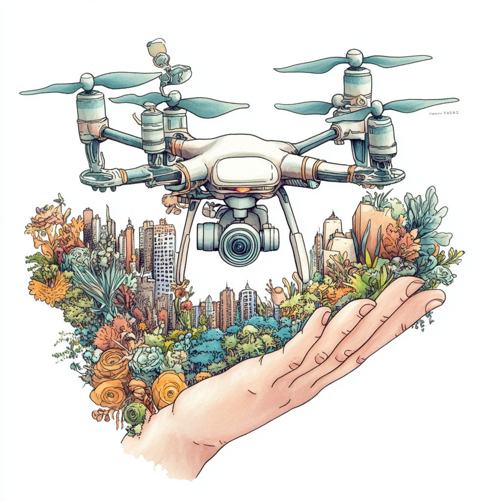 A feminine drone works as a skyline gardener.